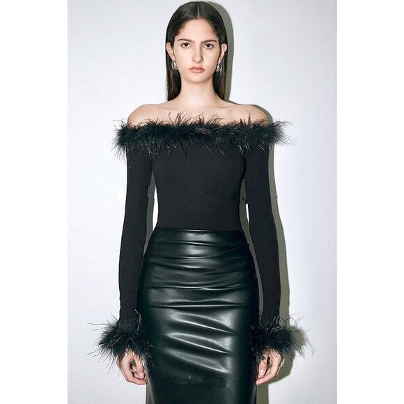 Other Tops - Y2K Style Black Feather Trim Coquette Goth Long Sleeve 90s 2000s Party Clubwear